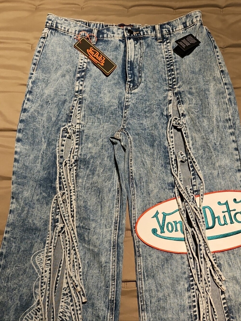 Von Dutch Tie Front Wide Leg Patch Logo Light-Wash Y2k Denim Jeans  Size 13 NWT